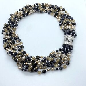 Beaded Multi Strand Black Tan White Torsade Ornate Silver Clasp Necklace Set